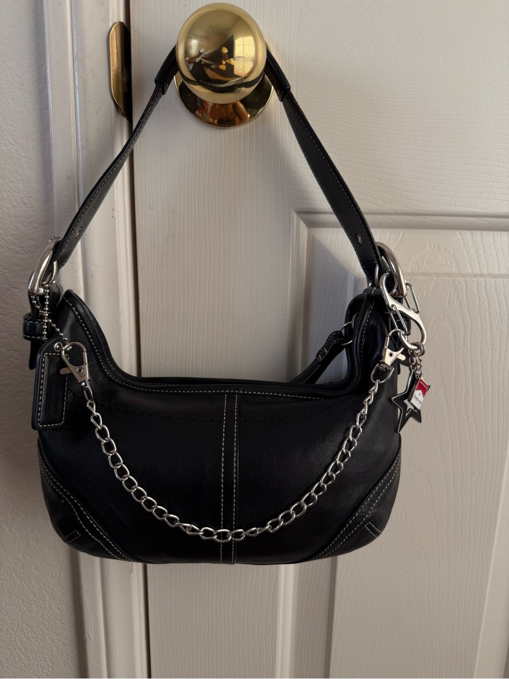 Y2K Coach Black Leather Shoulder Bag with Silver Chain and Star Charm